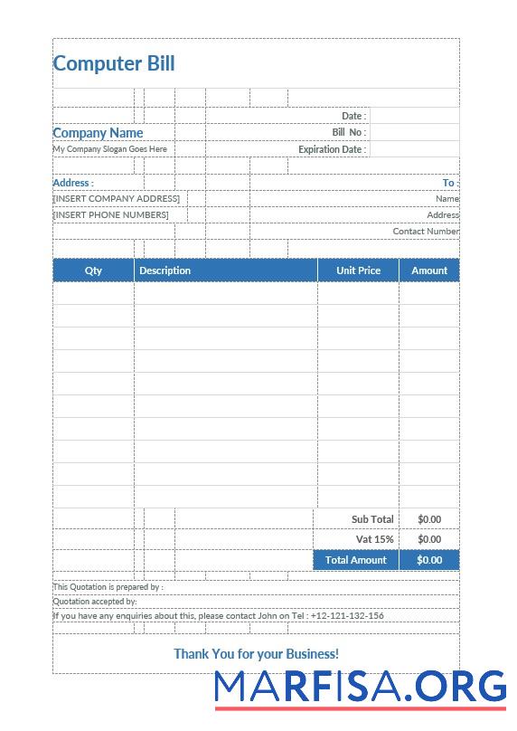 Printable Computer Bill Format Template